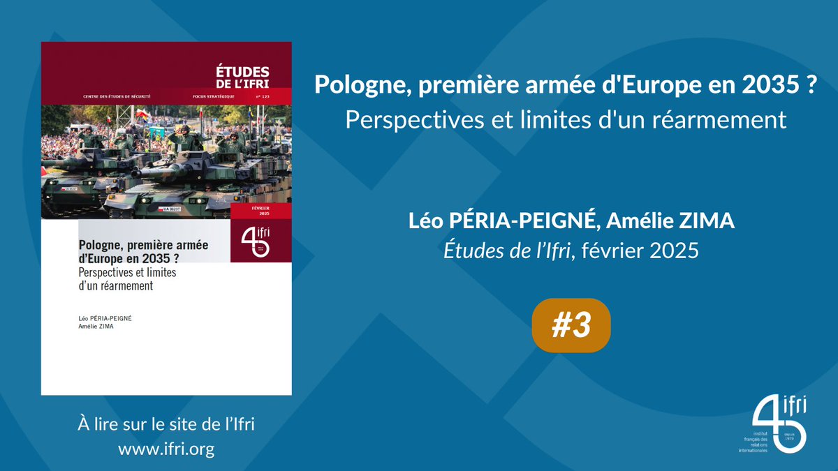 Institut français des relations internationales (@ifri_) on Twitter photo Découvrez le Top 10 des publications de l'Ifri les plus lues en 2025.
3⃣🇵🇱 Pologne, première armée d'Europe en 2035 ? Perspectives et limites d'un réarmement. Étude d'<a href="/amelie_zima/">Amélie Zima</a> et <a href="/Leo_PeriaPeigne/">Léo Peria-Peigné</a>. ifri.org/fr/etudes/polo… Découvrez le Top 10 des publications de l'Ifri les plus lues en 2025.
3⃣🇵🇱 Pologne, première armée d'Europe en 2035 ? Perspectives et limites d'un réarmement. Étude d'<a href="/amelie_zima/">Amélie Zima</a> et <a href="/Leo_PeriaPeigne/">Léo Peria-Peigné</a>. ifri.org/fr/etudes/polo…