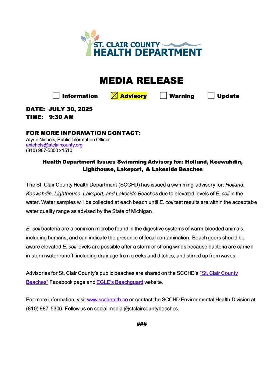 Lighthouse, Lakeside, Holland, Keewahdin and Lakeport Beaches have tested positive for E. coli today, July 30, 2025. 

For more info call SCCHD Environmental Health Division at (810) 987-5306.