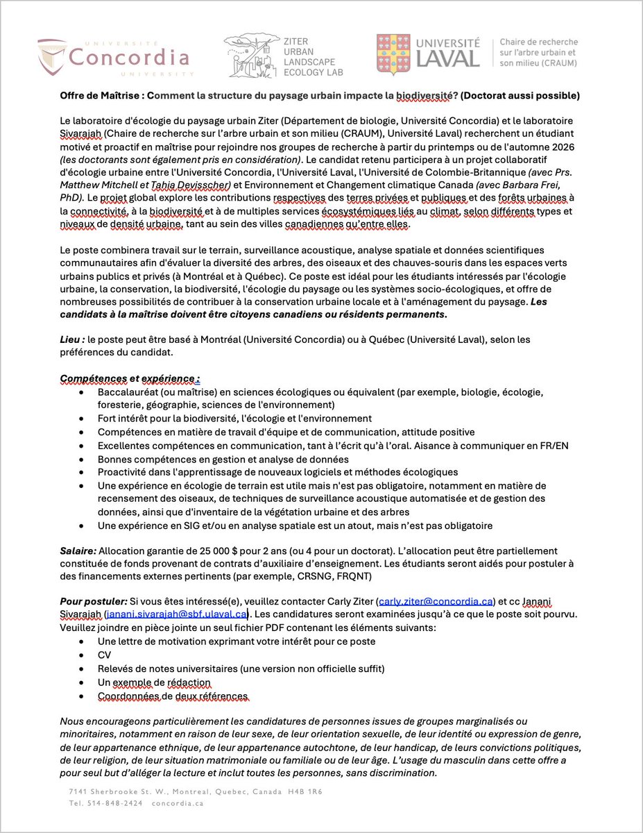 Chaire de recherche CRAUM (@chairecraum) on Twitter photo 📢 Nouvelle offre de maîtrise (ou PhD) en écologie urbaine !
🌳Étudier comment la structure du paysage urbain influence la biodiversité sous la direction de <a href="/carlyziter/">Carly Ziter (@carlyziter.bsky.social)</a> (<a href="/Concordia/">Concordia University</a>) et <a href="/JananiSivarajah/">Janani Sivarajah, PhD</a> (<a href="/universitelaval/">Université Laval</a>)
👉 Pour tous les détails : bit.ly/4o9taMB 📢 Nouvelle offre de maîtrise (ou PhD) en écologie urbaine !
🌳Étudier comment la structure du paysage urbain influence la biodiversité sous la direction de <a href="/carlyziter/">Carly Ziter (@carlyziter.bsky.social)</a> (<a href="/Concordia/">Concordia University</a>) et <a href="/JananiSivarajah/">Janani Sivarajah, PhD</a> (<a href="/universitelaval/">Université Laval</a>)
👉 Pour tous les détails : bit.ly/4o9taMB