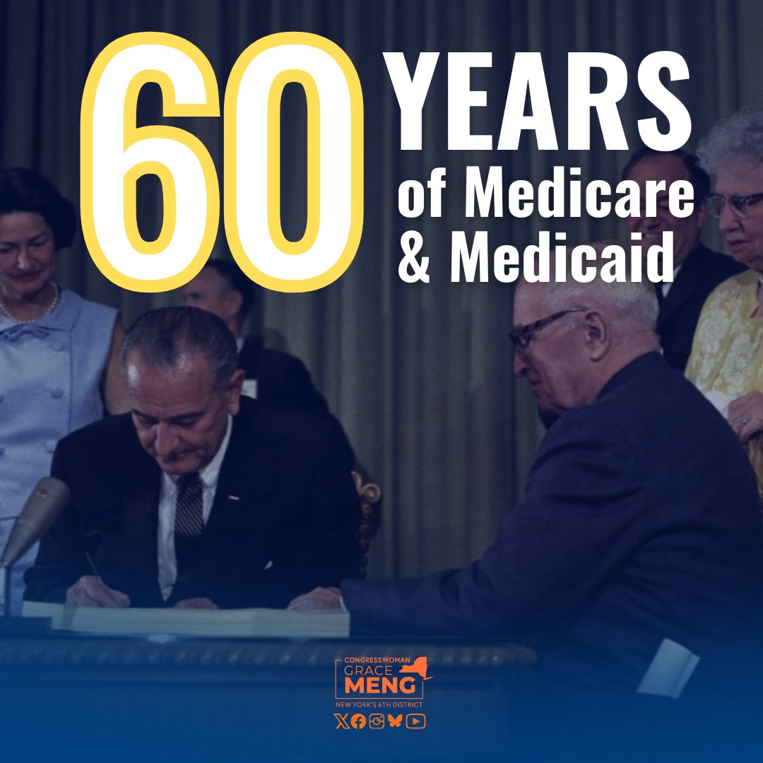 Grace Meng (@repgracemeng) on Twitter photo Sixty years ago, President Lyndon B. Johnson signed a law creating Medicare and Medicaid. These programs continue to be essential for thousands of my constituents in Queens. But right now, health care coverage is at risk for more than a million New Yorkers. We cannot stop Sixty years ago, President Lyndon B. Johnson signed a law creating Medicare and Medicaid. These programs continue to be essential for thousands of my constituents in Queens. But right now, health care coverage is at risk for more than a million New Yorkers. We cannot stop