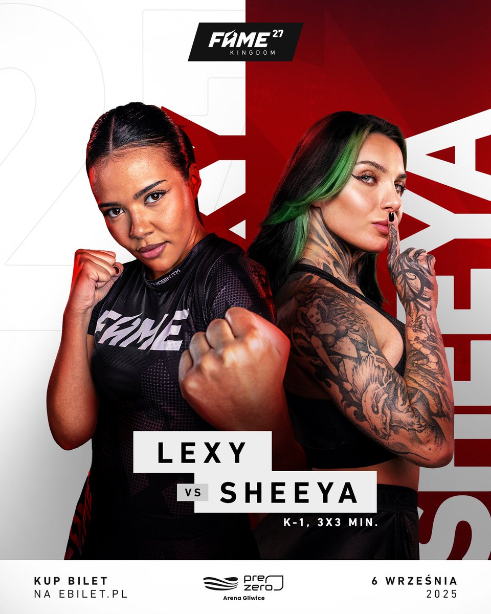 famemmatv's tweet photo. LEXY vs SHEEYA na FAME 27: KINGDOM! 🔥

Niepokonana Sheeya wraca do oktagonu! Po zdominowaniu Wiktorii Jaroniewskiej i dwóch zwycięstwach z Dominiką Rybak wzięła na celownik zaprawioną w bojach Lexy 🥊

Lexy po pewnym zwycięstwie z Lizi doczekała się kolejnego wyzwania. Niedawno biła się jak równa z równą z Martą Linkiewicz. W tym starciu doświadczenie stanie po jej stronie 🫡 

Czy 6 września Klaudia dopisze do swojego rekordu czwarte zwycięstwo? 🙌🏻 A może to spryt Lexy przezwycięży siłę Sheeyi? 🤔

K-1 w małych rękawicach, 3x3 minuty 👊🏻 #teamLexy czy #teamSheeya? 💬

Pamiętajcie, że bilety na FAME 27: KINGDOM kupicie w EARLY BIRD o 15% taniej! Promocja TYLKO do 12 sierpnia 🚨

👑 FAME 27: KINGDOM / 6 września, PreZero Arena Gliwice / Kup bilet na https://t.co/wo4YojpgYH

#fame27 #famemma
