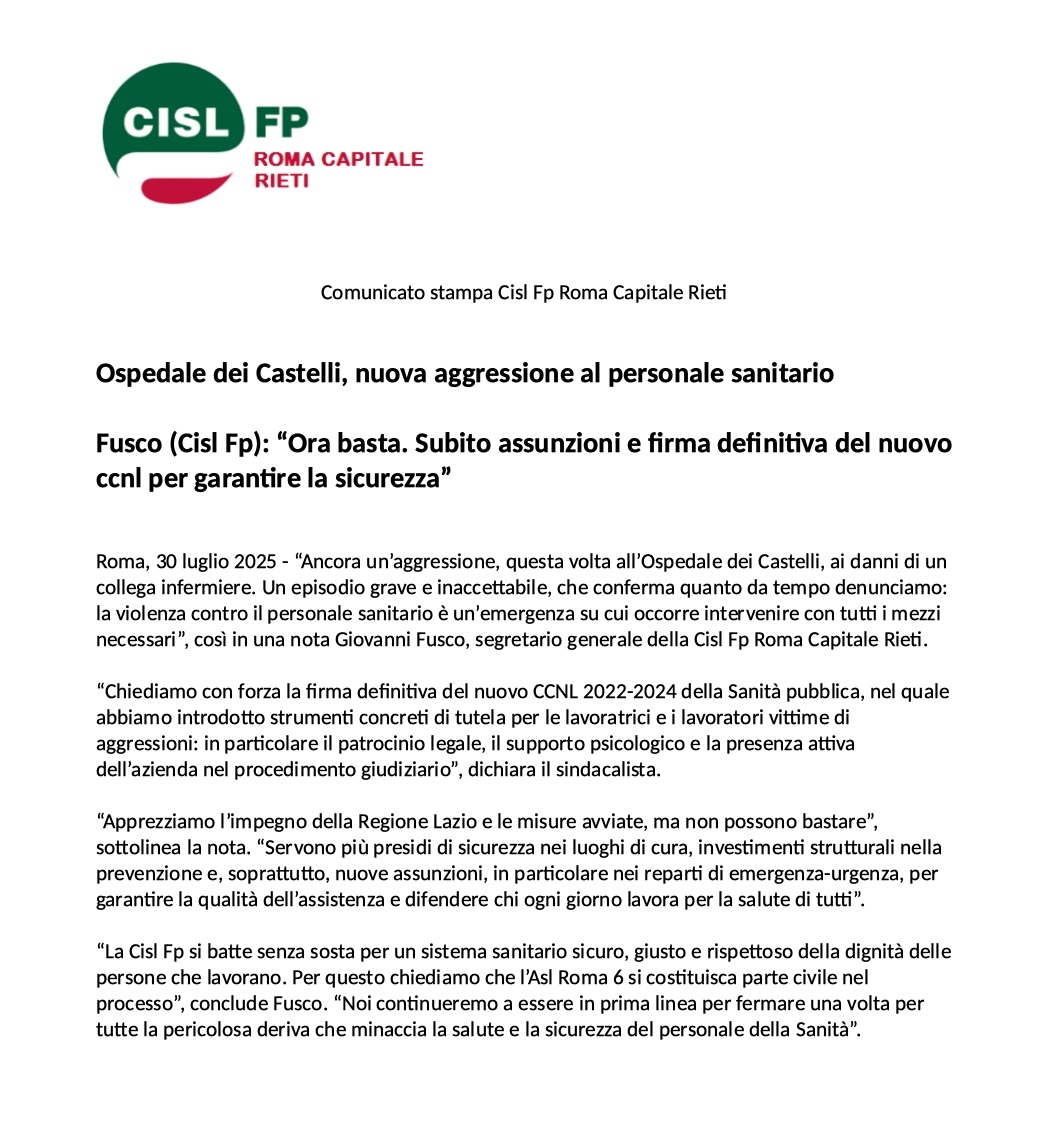 Cisl FP LAZIO (@cisl_fplazio) on Twitter photo #Ospedale dei #Castelli, nuova #aggressione al #personale sanitario. <a href="/giovan_fusco/">Giovanni Fusco</a> (<a href="/cislfproma/">Cisl FP Roma Rieti</a>): โOra basta. Subito #assunzioni e firma definitiva del nuovo #ccnl #Sanitร pubblica per garantire la #sicurezza
#Ilmiolavorovale #Ospedale dei #Castelli, nuova #aggressione al #personale sanitario. <a href="/giovan_fusco/">Giovanni Fusco</a> (<a href="/cislfproma/">Cisl FP Roma Rieti</a>): โOra basta. Subito #assunzioni e firma definitiva del nuovo #ccnl #Sanitร pubblica per garantire la #sicurezza
#Ilmiolavorovale