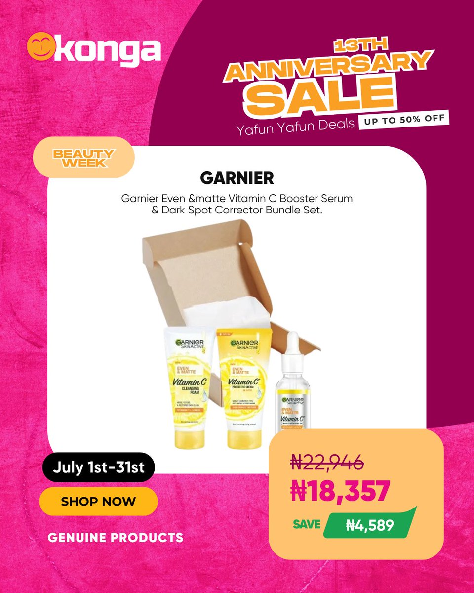 ShopKonga's tweet photo. Shop your Garnier skincare at prices too good to gatekeep.
These bundle deals save you more!
Only on Konga Beauty Week π
β¨
#GlowAndSave #kongabeautyweek #kongaat13 https://t.co/8AzAGCa0LQ