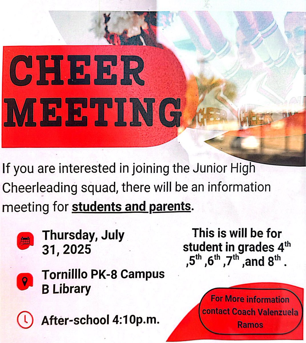 🐾Attention 5th-8th Tornillo Coyotes!! 📣Cheer Meeting happening tomorrow!#TISDProud