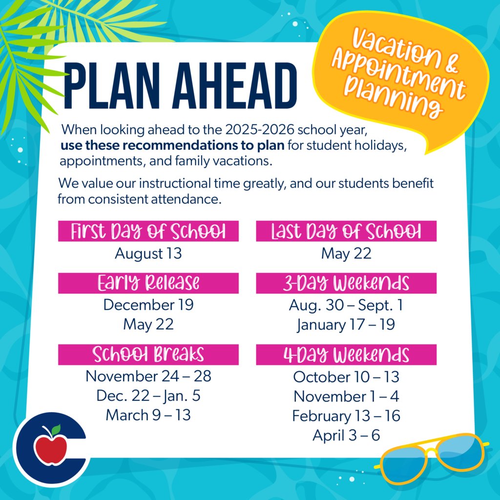 As your family prepares for Back to School, remember Consistent Attendance Matters. See the dates of Conroe ISD's breaks for the 2025-2026 school year, so you can plan ahead. For a printable copy of the full schedule, visit tiny.conroeisd.net/amAqD.