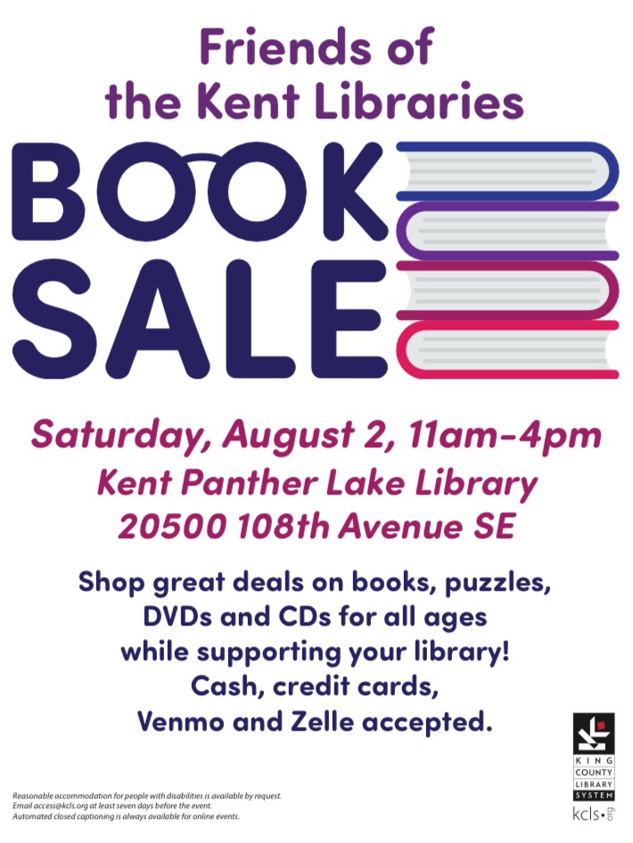 Check out the upcoming book sale at Kent Panther Lake Library! 📚

Find deals on gently used books for adults, youth and kids. There will be DVDs, CDs, and puzzles. Proceeds help support library programs in two Kent libraries.