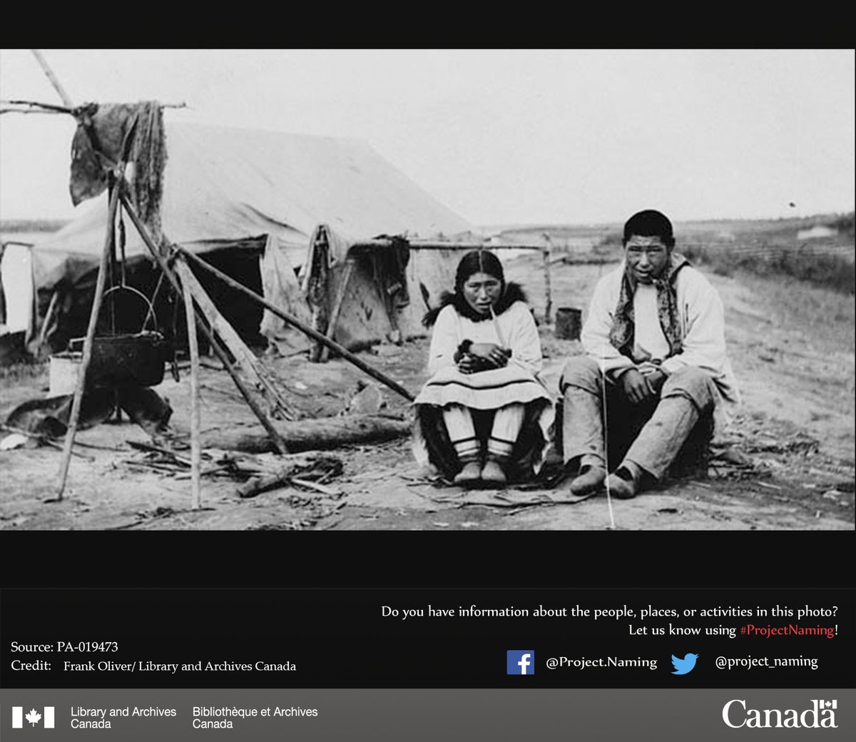 Two individuals sitting outside a canvas tent, each smoking a pipe, Northwest Territories or Nunavut, 1910. Do you recognize anyone in this photo?
More on Project Naming and how you can help: ow.ly/I7JH50KJ1BJ