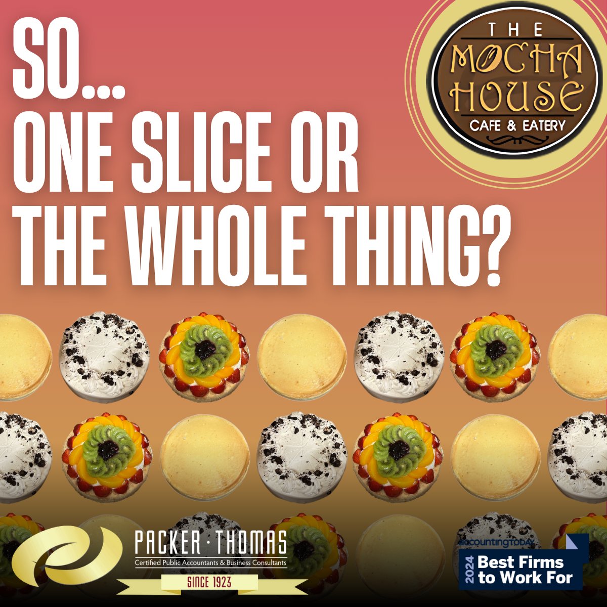PackerThomasCPA's tweet photo. Packer Thomas is celebrating National Cheesecake Day the only way we know how, with delicious treats from The Mocha House! 🎂 Nothing boosts productivity like cake for breakfast.

#NationalCheesecakeDay #PTPerks #MochaHouse https://t.co/7SD0eINvWP