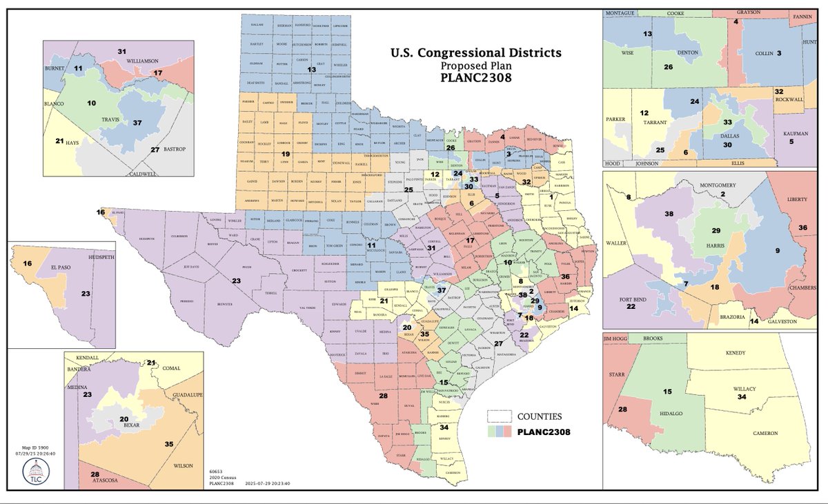 mcpli's tweet photo. 🚨BREAKING: Republicans' new Texas congressional map is out. It's Plan C2308.

Interactive version available here: https://t.co/L3z1gR41Sg

#txlege https://t.co/uXTZcAJkyc