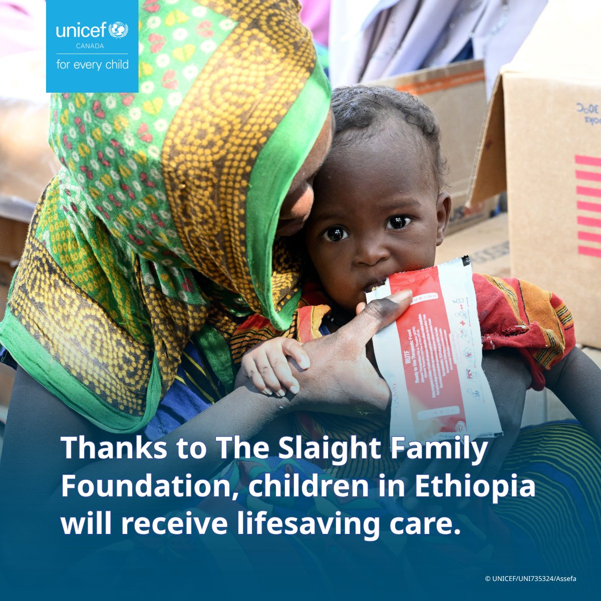 UNICEFCanada's tweet photo. Canadian compassion takes action.

We’re honoured to receive a $1 million contribution over two years from The Slaight Family Foundation to prevent and treat severe malnutrition in Ethiopia.

Read more: https://t.co/TRDrUfLm8Q

#SlaightInitiative https://t.co/HTcYZIdcFg