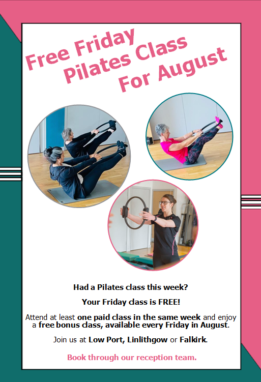 🎉 Had a Pilates class this week? Your Friday class is FREE! 🙌

Attend any paid class earlier in the week and enjoy a bonus Friday class on us, every Friday in August 🧘‍♀️✨

📍Join us at Low Port, Linlithgow or Falkirk
📞 Book through our reception team