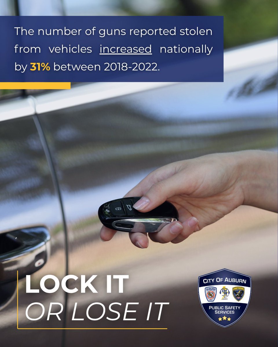 VEHICLE THEFT PREVENTION MONTH 🚗

A nationwide study found that over a five year period, the number of gun thefts from motor vehicles increased significantly - around 31%! 🤯

Don't make it easy for criminals to steal from you. Always remember to LOCK IT or risk LOSING IT. 🔒