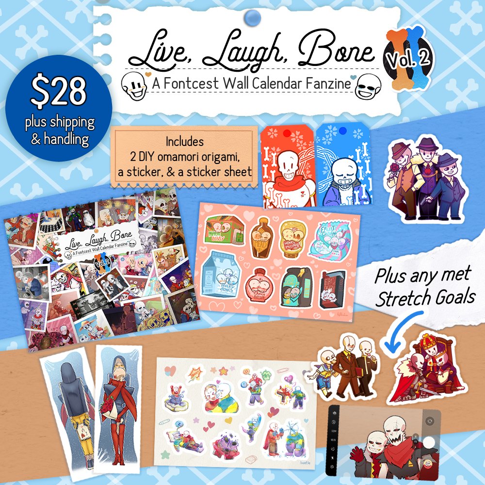 FULL BUNDLE $28
💀 Physical wall calendar
💀 Early release PDF
💀 Merch
💙 2 origami kits to make Sans &amp; Papyrus omamori
💙 Mafia Fontfest Sticker
💙Food-themed, Fontcest ship sticker sheet (8 stickers)
💙 Qualifies for STRETCH GOALS
livelaughbone.bigcartel.com/product/full-b…