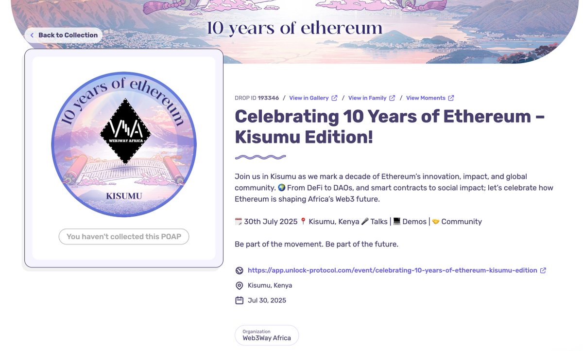 Web3WayAfrica's tweet image. Celebrating #ethereumat10 today in Kisumu 🇰🇪!

WE @Web3wayAfrica, we're proof @ethereum is reaching the grassroots by empowering Africa’s builders with onchain tools &amp;amp; opportunity.

Food &amp;amp; drinks by @Pizza_DAO,POAPs minted on @base by @poapxyz.Thank you @BarazaLab for hosting us.