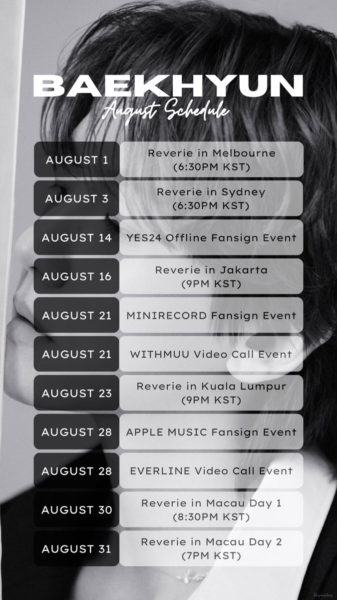 ์ ๐ (@bhyuneeloey) on Twitter photo โ ๐๐๐๐๐๐๐๐ SCHEDULE FOR AUGUST โ
๐๐๐๐๐๐๐ in Australia and Asia ๐ฆ๐บ๐ฎ๐ฉ๐ฒ๐พ๐ฒ๐ด
<a href="/BAEKHYUN_INB100/">BAEKHYUN_official</a>
<a href="/B_hundred_Hyun/">Baekhyun_EXO</a>
#๋ฐฑํ #ReverieTour โ ๐๐๐๐๐๐๐๐ SCHEDULE FOR AUGUST โ
๐๐๐๐๐๐๐ in Australia and Asia ๐ฆ๐บ๐ฎ๐ฉ๐ฒ๐พ๐ฒ๐ด
<a href="/BAEKHYUN_INB100/">BAEKHYUN_official</a>
<a href="/B_hundred_Hyun/">Baekhyun_EXO</a>
#๋ฐฑํ #ReverieTour