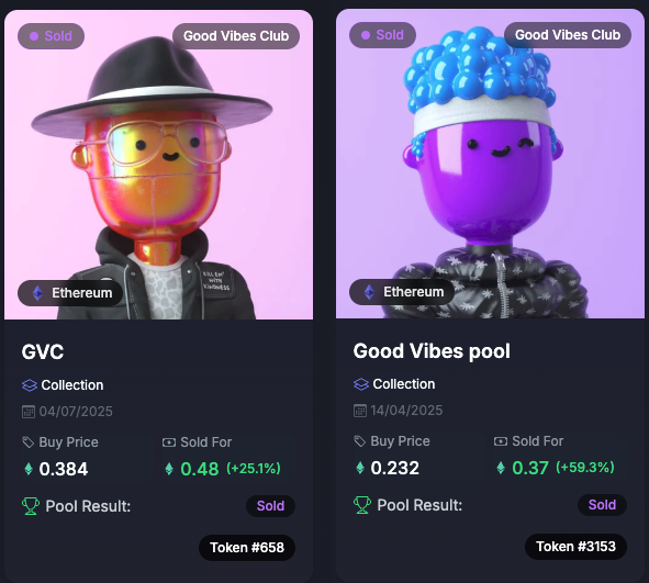 Every pool on POOLS tells a story. 📖

This week, it’s about how Good Vibes Club pools changed the game for a few curious collectors.

Two pools, two wins: +59% and +25%.

But here’s the twist:
It wasn’t just about profits. Each participant got the full NFT experience: holding,