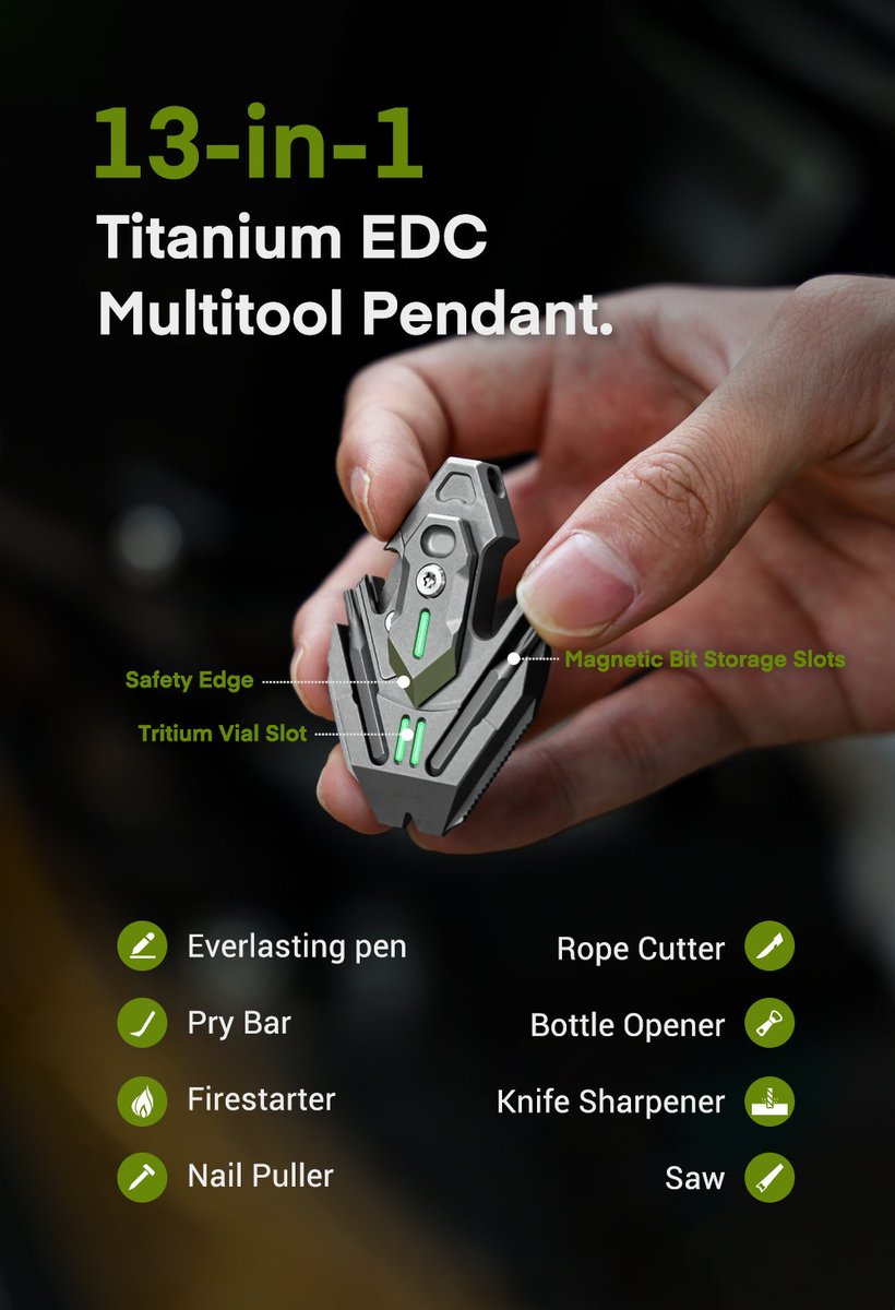 TechnikWheel's tweet photo. The Flounder 3.0: Titanium EDC All-in-One Pendant 👉 https://t.co/hr7ZwWZkIf
Compact Multi-function Tool| Everlasting pen, Semi-Sharp Blade, Magnetic Screwdriver, Pry Bar, Bottle Opener, Nail Puller, and More.. #kickstarter #technikwheel #crowdfunding https://t.co/v65sBbKOOA