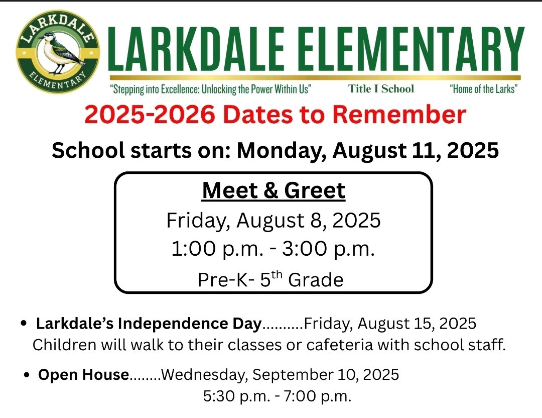 Larkdale Elementary (@larkdale_larks) on Twitter photo Hello Larks! Here are some important dates to remember. *Revised 7/30/25* <a href="/NandraneW/">Nandrané Fairclough</a> Hello Larks! Here are some important dates to remember. *Revised 7/30/25* <a href="/NandraneW/">Nandrané Fairclough</a>