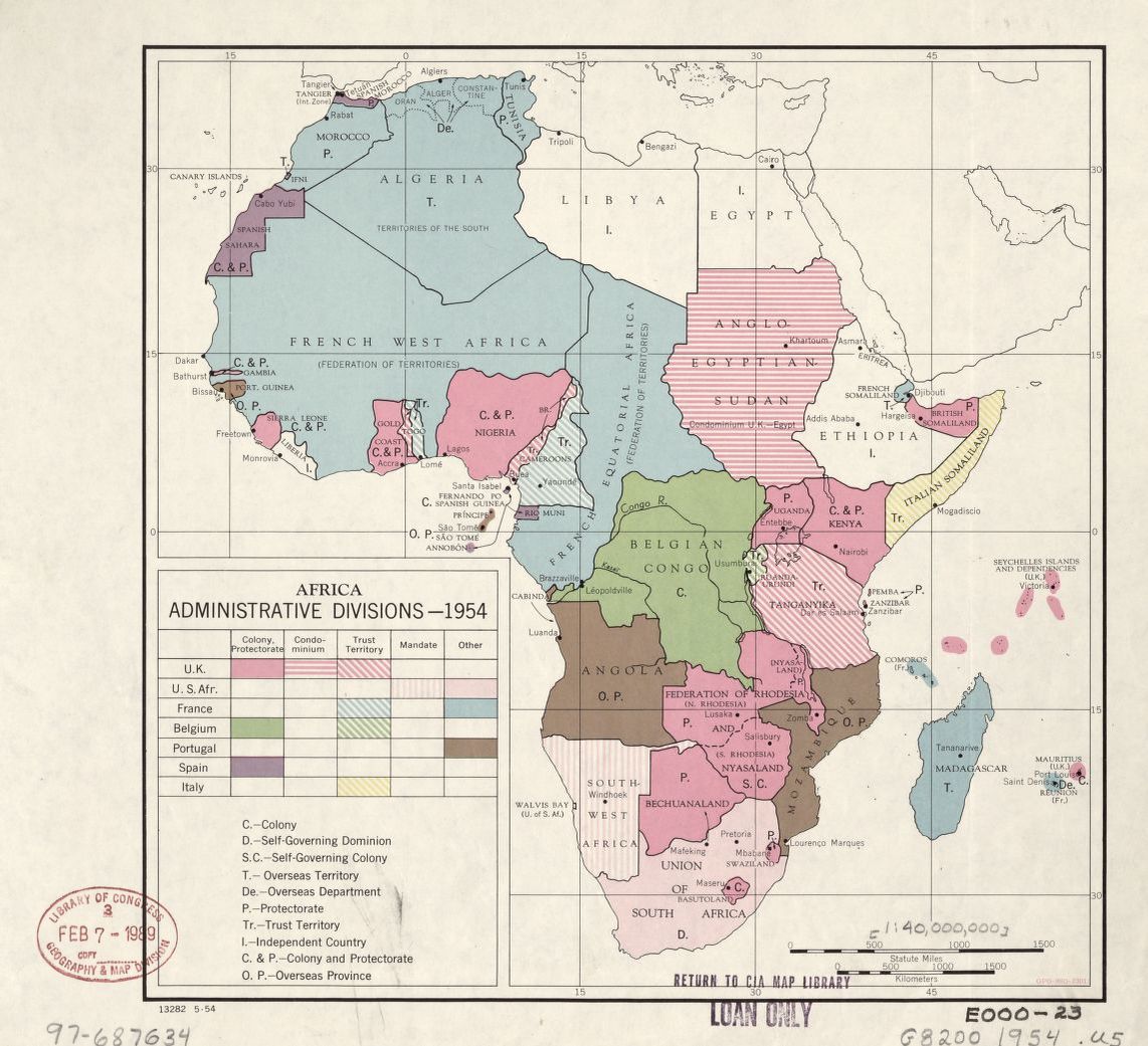 Administrative map of Africa depicting how the continent was divided in 1954.