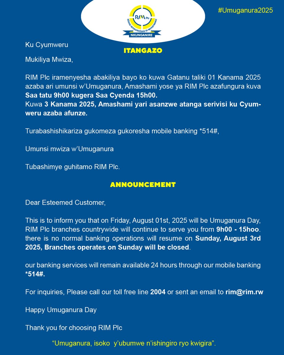 📢ANNOUNCEMENT📢 #Umuganura2025     "#Umuganura Isoko y’Ubumwe   n’ishingiro ryo Kwigira.” #Umuganura  dusigasira Umuco n’Indangagaciro ubumbatiye.