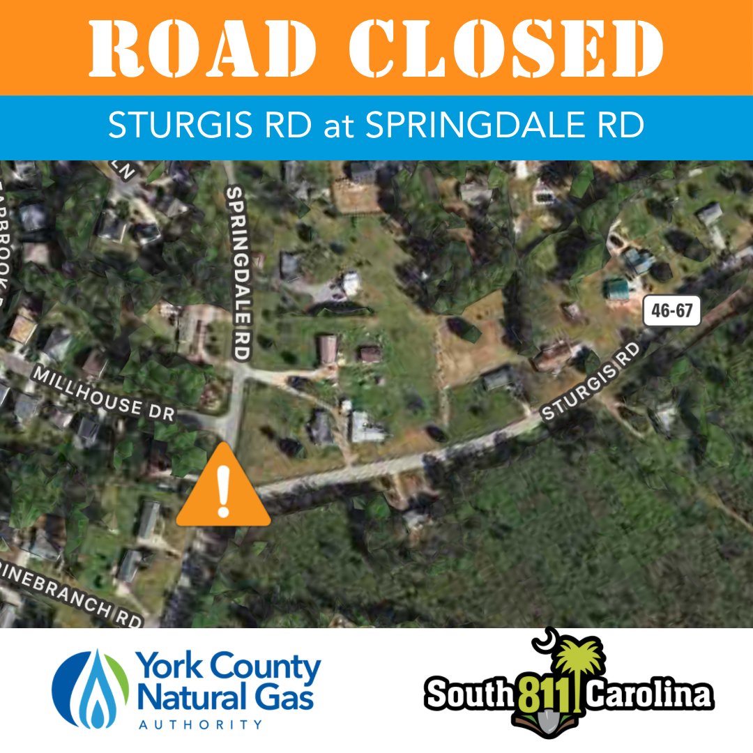 🚧ROAD CLOSED🚧 3rd party damage to a gas line in #RockHill has resulted in lane closures at Sturgis Rd &amp; Springdale Rd, with emergency response personnel on-site to assist with traffic and repairs. Please use caution when driving in the area &amp; thank you for your patience! #sc811