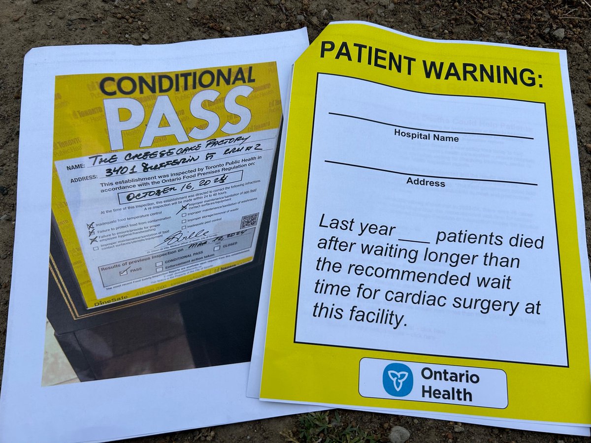 If a restaurant has a health inspection violation in Toronto, the sign on the left has to go up in their window.

What if government held its health system to the same standard?

Hospitals could post data on patients dying after waiting longer than the recommended wait time for