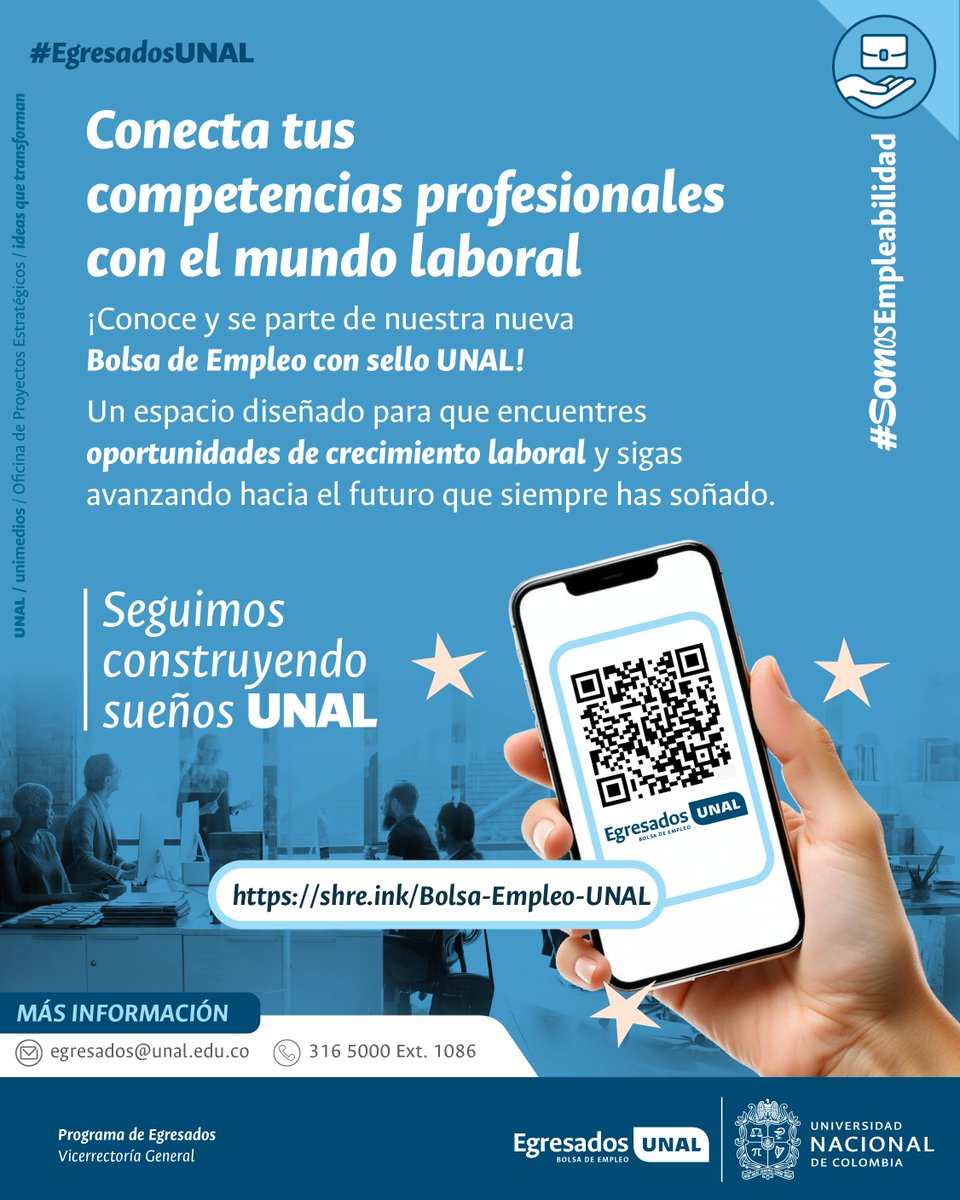 UNALOficial's tweet image. #EgresadosUNAL ¡El mundo laboral espera por ti! 💼 Conéctate con la Bolsa de Empleo UNAL, descubre las oportunidades que tenemos para ti y accede a diferentes ofertas laborales 👉 ow.ly/ACPx50Wx55w ¡Seguimos construyendo sueños! @EgresadosUN_Nal | #SomosUNAL