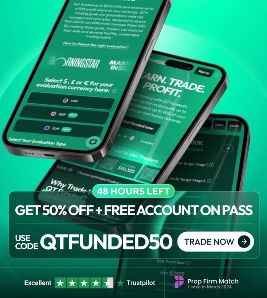 5x $10,000 GIVEAWAY + 50% OFF 

Tasks:
• Follow @QTFunded &amp; @QTFutures
• Also Follow <a href="/QTFundedPartner/">QT | FUNDED - Partners</a> &amp; <a href="/bigaudi_/">audi</a> 
• Comment, Like &amp; Retweet 

goodluck!

🎟️: QTFUNDED50
🔗: qtfunded.quanttekel.com/ref/4015/

Start trading with an edge and take your funded journey to the next level.