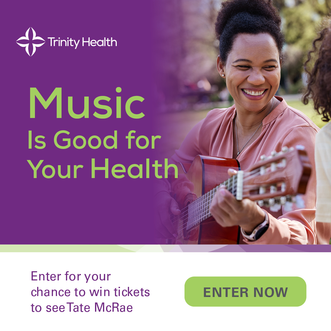 Trinity Health MI (@trinityhealthmi) on Twitter photo Trinity Health Michigan is giving you the chance to experience the healing power of music live. Enter now for your chance to win tickets to see Tate McRae on August 16 at Little Caesars Arena at bit.ly/45gSxDz Trinity Health Michigan is giving you the chance to experience the healing power of music live. Enter now for your chance to win tickets to see Tate McRae on August 16 at Little Caesars Arena at bit.ly/45gSxDz