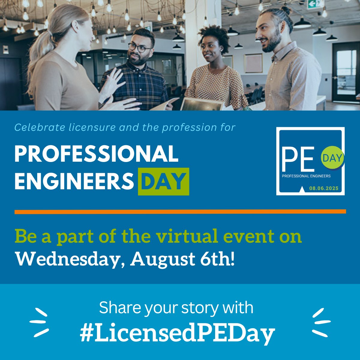 Celebrate licensure &amp; the profession on the 10th annual PE Day, Wednesday, August 6! Be a part of the virtual event by posting online using #LicensedPEDay.

Visit the National Society of Professional Engineers website to learn more: nspe.org/about/about-pr…