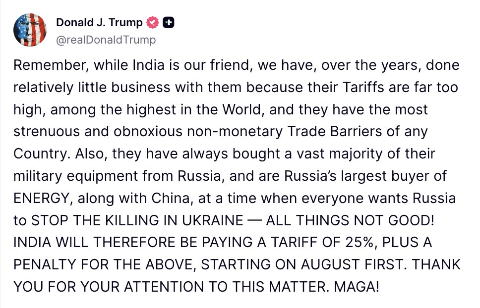 TRUMP: India will be paying a 25% tarrif.