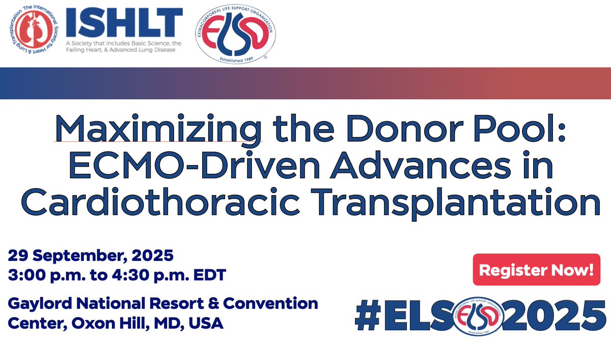 Pleased to be invited to the <a href="/ELSOOrg/">ELSO</a> &amp; <a href="/ISHLT/">The ISHLT</a> session at #ELSO2025 to talk about organ donation after #ECPR! Join to discuss about
📚 increasing evidence of feasibility/good outcome of OD after #ECPR, to maximize societal benefit
🧠🫀 DND &amp; DCD donation on #ECMO: how/when to