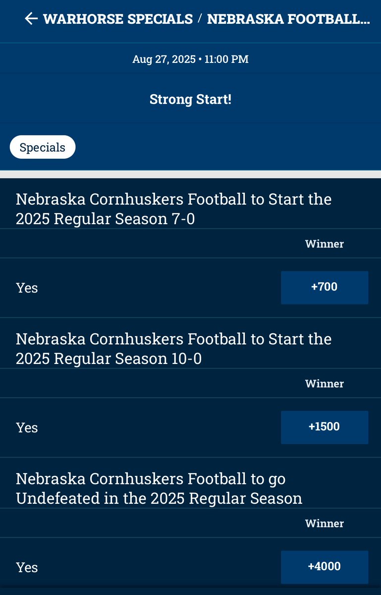 WTL_Podcast (@podcast_wtl) on Twitter photo Oh boy, the Husker betting specials have Begun!👀
<a href="/WarHorseLincoln/">WarHorse Lincoln</a> 🏈
<a href="/WarHorseOmaha/">WarHorseOmaha</a> 🏇🏼 Oh boy, the Husker betting specials have Begun!👀
<a href="/WarHorseLincoln/">WarHorse Lincoln</a> 🏈
<a href="/WarHorseOmaha/">WarHorseOmaha</a> 🏇🏼