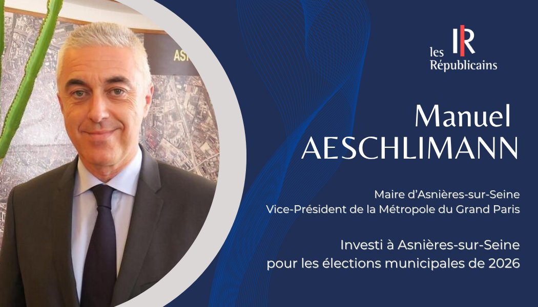 Le 28 juillet, la Commission Nationale d'Investiture
<a href="/lesRepublicains/">les Républicains</a>, présidée par <a href="/AnnieGenevard/">Annie Genevard</a>, a investi <a href="/maeschlimann/">Manuel Aeschlimann</a> pour porter nos couleurs lors des #élections #Municipales2026 à <a href="/Ville_Asnieres/">Mairie d'Asnières-sur-Seine</a>