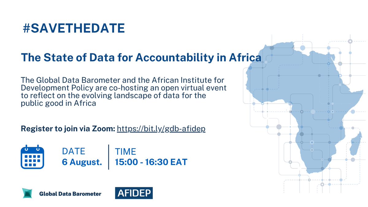 Global Data Barometer (@databarometer) on Twitter photo 📢Save the Date!
Join us for “The State of Data for Accountability in Africa”
Co-hosted by the <a href="/databarometer/">Global Data Barometer</a> & <a href="/Afidep/">AFIDEP</a>, this online event will unpack key insights from the GDB and AFIDEP’s Africa Integrity Indicators.
đź“…August 6
🕒3-4:30PM EAT| Register: us02web.zoom.us/webinar/regist… 📢Save the Date!
Join us for “The State of Data for Accountability in Africa”
Co-hosted by the <a href="/databarometer/">Global Data Barometer</a> & <a href="/Afidep/">AFIDEP</a>, this online event will unpack key insights from the GDB and AFIDEP’s Africa Integrity Indicators.
đź“…August 6
🕒3-4:30PM EAT| Register: us02web.zoom.us/webinar/regist…