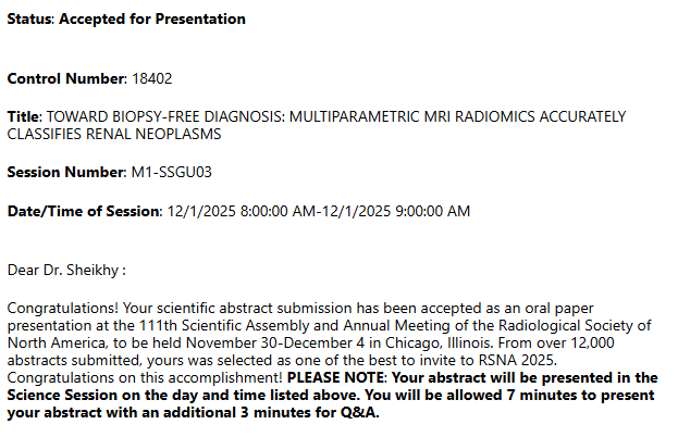 Ali Sheikhy (@alisheikhymd) on Twitter photo Excited to share that three of our abstracts were accepted for #RSNA25 , including two posters and one oral presentation! Grateful for the mentorship of <a href="/aamalayeri/">Ashkan Malayeri</a> and the support of our outstanding team at the <a href="/NIHClinicalCntr/">NIH Clinical Center</a>. Excited to share that three of our abstracts were accepted for #RSNA25 , including two posters and one oral presentation! Grateful for the mentorship of <a href="/aamalayeri/">Ashkan Malayeri</a> and the support of our outstanding team at the <a href="/NIHClinicalCntr/">NIH Clinical Center</a>.