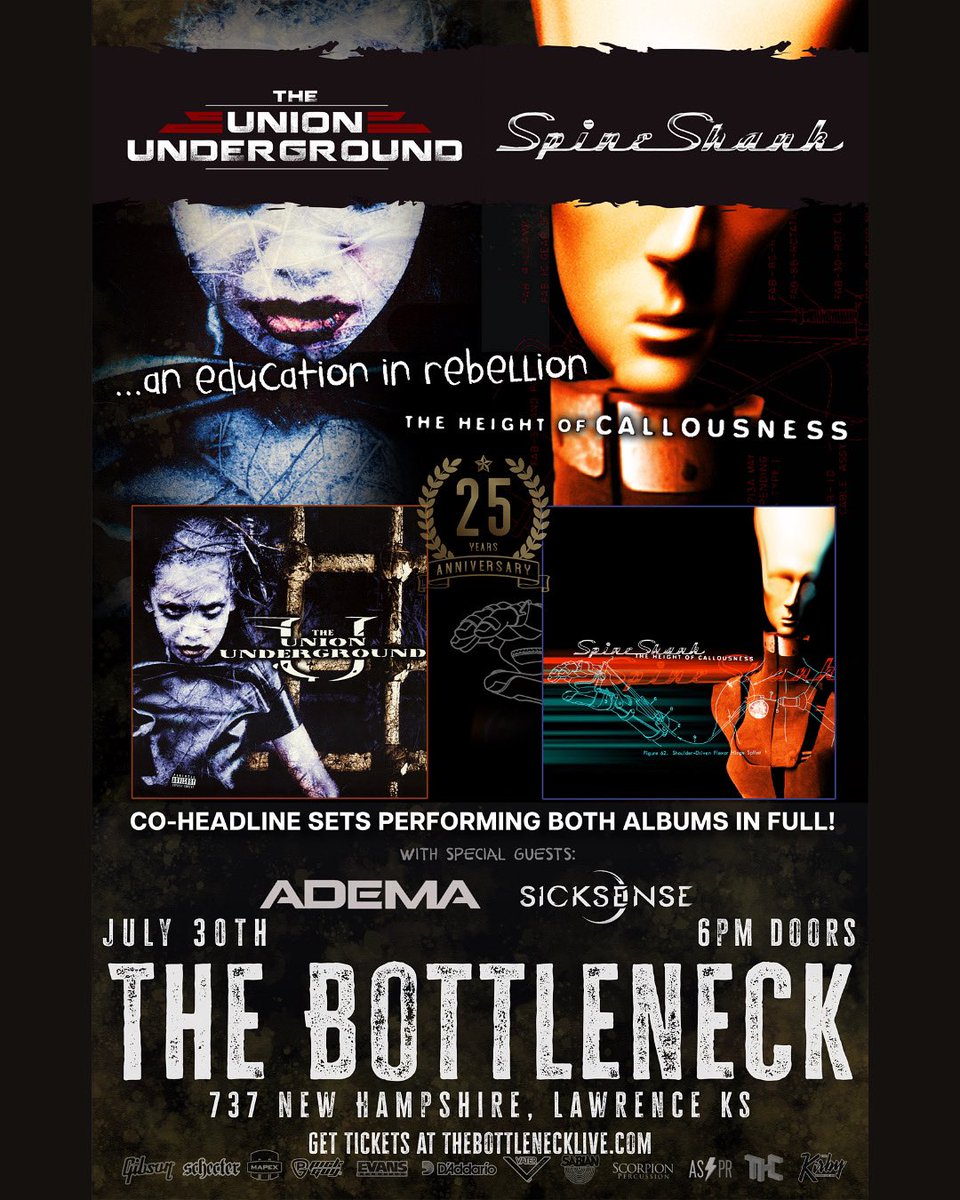 The Bottleneck (@thebottleneck) on Twitter photo TONIGHT! <a href="/TheUUofficial/">Union Underground</a> and <a href="/SpineshankBand/">Spineshank</a> shred The Bottleneck stage to celebrate the 25th anniversaries of “…An Education In Rebellion” and “The Height Of Callousness” with special guests Adema and <a href="/sickxsense/">Sicksense</a> !!
All Ages // Doors at 6pm
Tickets at thebottlenecklive.com TONIGHT! <a href="/TheUUofficial/">Union Underground</a> and <a href="/SpineshankBand/">Spineshank</a> shred The Bottleneck stage to celebrate the 25th anniversaries of “…An Education In Rebellion” and “The Height Of Callousness” with special guests Adema and <a href="/sickxsense/">Sicksense</a> !!
All Ages // Doors at 6pm
Tickets at thebottlenecklive.com