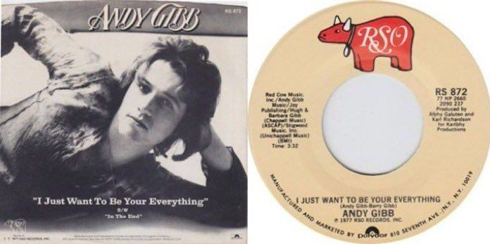 Jul30,1977 Andy Gibb starts a 3wk run at #1 on the billboard Hot100 Singles Chart with "I Just Want to Be Your Everything" written by Barry Gibb. Andy Gibb will fall to #2 Aug20 for 3wks, then to #3 Sep10 before returning to #1 Sep17 for a total of 4wks at #1