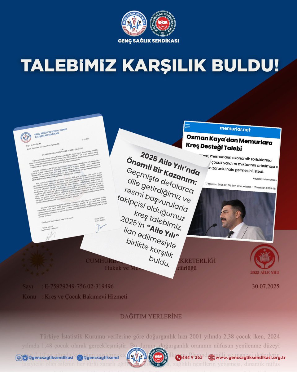 Haklı Talebimiz Karşılık Buldu!

Kamu çalışanlarının çocuklarının güvenle bakılacağı, ailelerin iş-yaşam dengesini koruyabileceği bir adım atıldı.

Cumhurbaşkanı Yardımcısı Sayın Cevdet Yılmaz, kamu kurumlarında kreş sayısının artırılması, 7/24 esasına göre hizmet veren