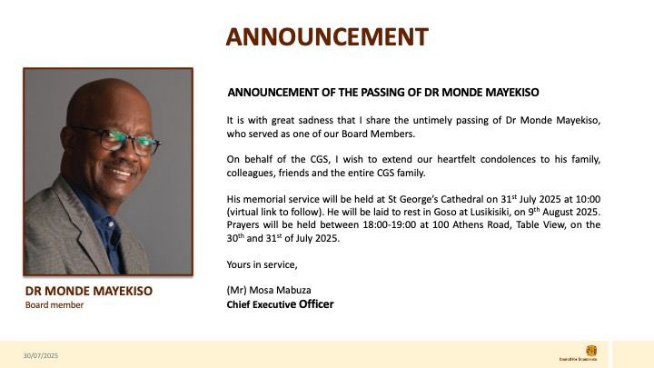 The <a href="/CGS_RSA/">CGS</a> mourns the passing of Dr Monde Mayekiso who served as one of our board members.