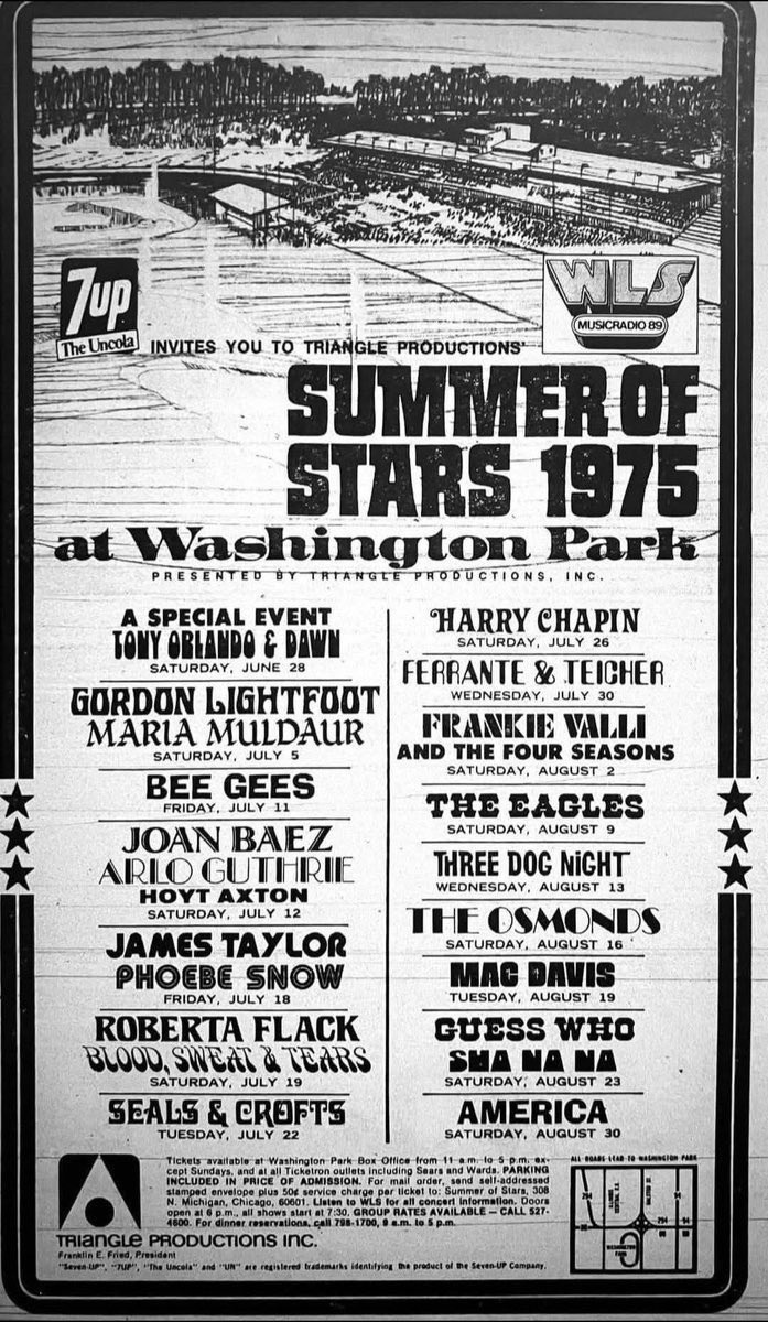 Jul30,1975 Summer of Stars 1975 concert series continues at Washington Park Race Track in Homewood, Illinois. 7up the Uncola invites you to Triangle Productions featuring Ferrante &amp; Teigher. Up coming concerts; Aug2 Frankie Valli and The Four Seasons; Aug9 Eagles, Linda Ronstadt;