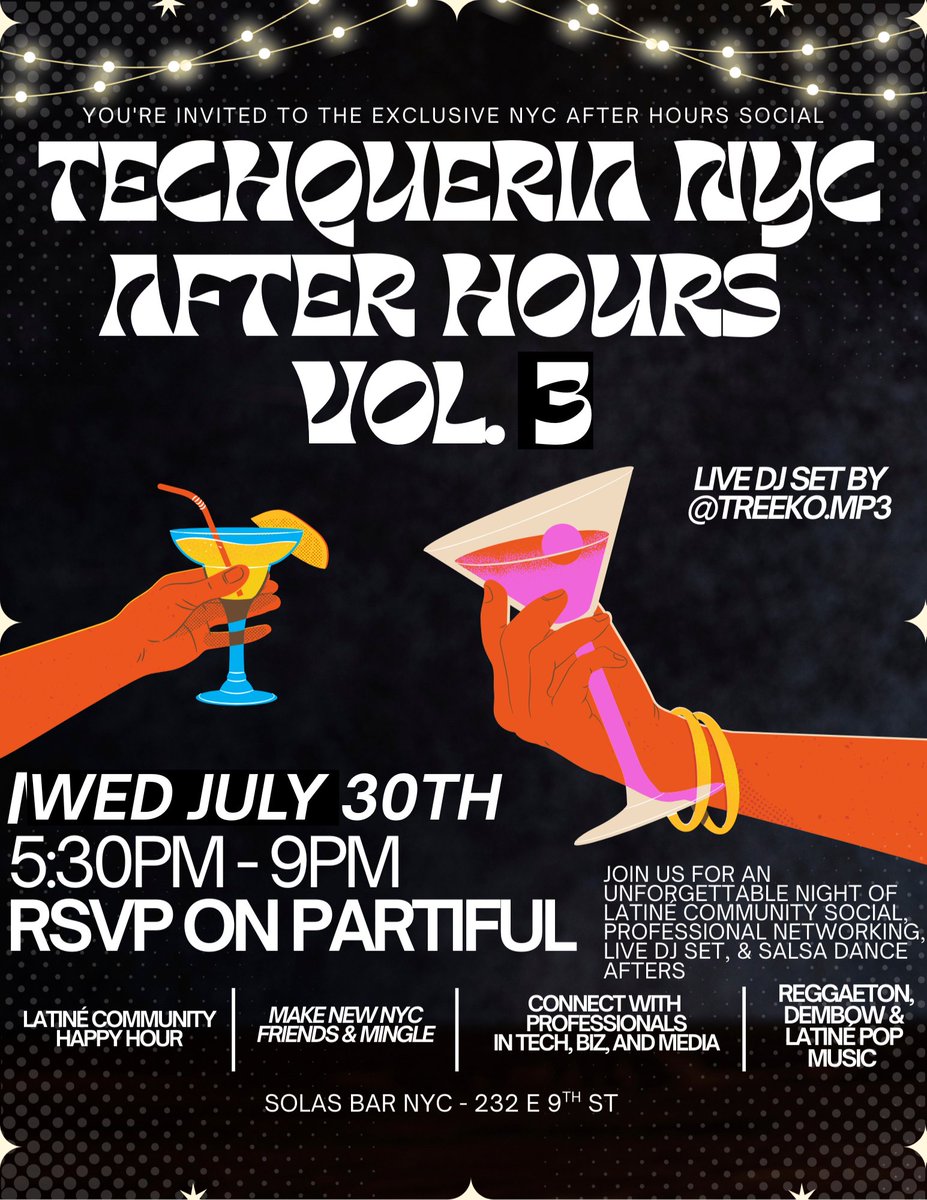 ✨ Gente de NYC 🗽 ✨ 

Nos vemos esta noche in our usual spot!  
📍 Solas Bar 232 E 9TH ST
🕠 5:30PM - 9:30PM
Happy Hour Drink Specials x Live DJ Set by TREEKO.MP3 
Salsa Class (for an entry fee). We can't wait to meet again!

RSVP: partiful.com/e/dTXZWB8yY3oW…