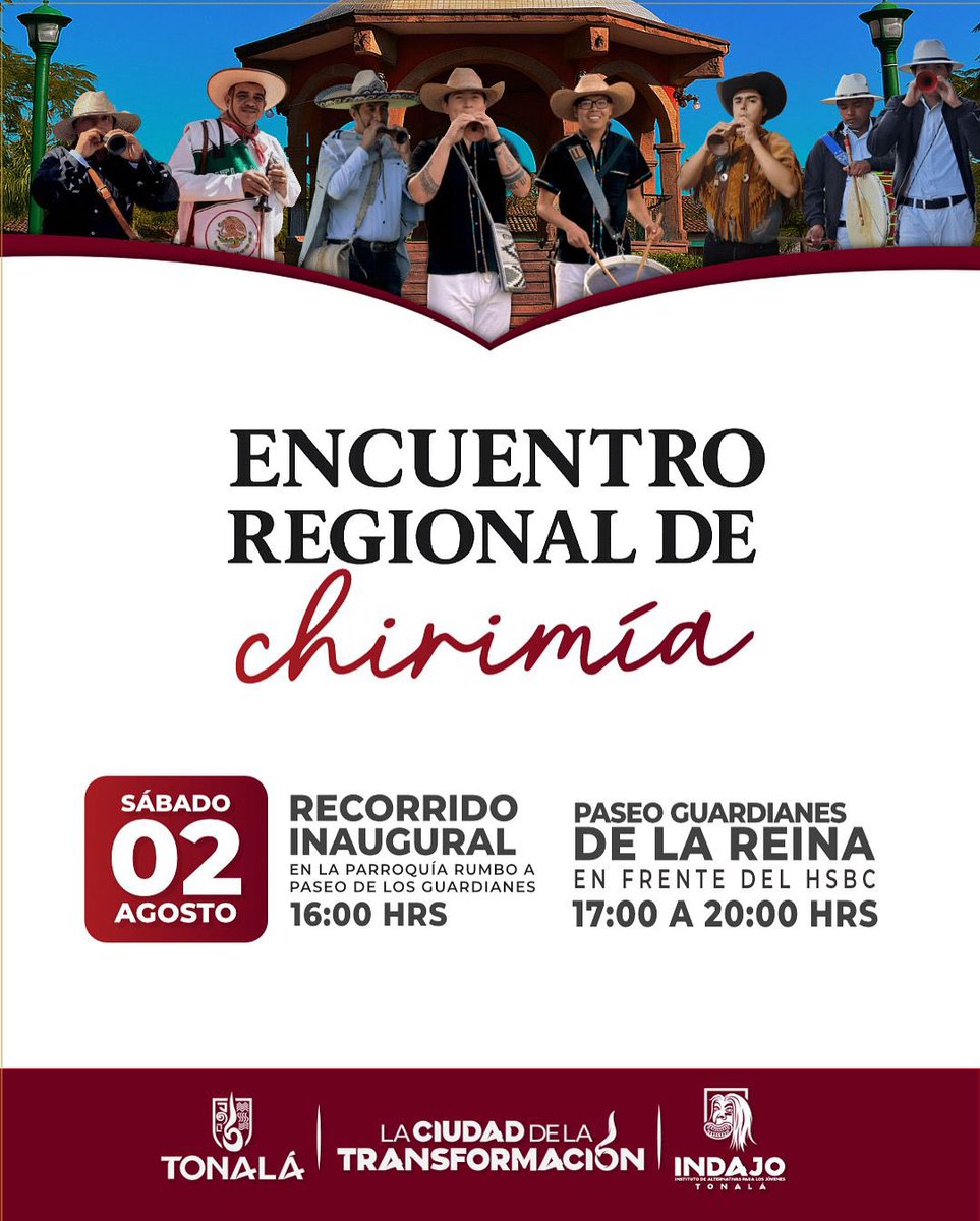 ¡La tradición se escucha fuerte en Tonalá! 🎶

Te invitamos al Encuentro Regional de Chirimía, una celebración llena de música, raíces y cultura.

En Paseo Guardianes de la Reina 📍

Tonalá #LaCiudadDeLaTransformación