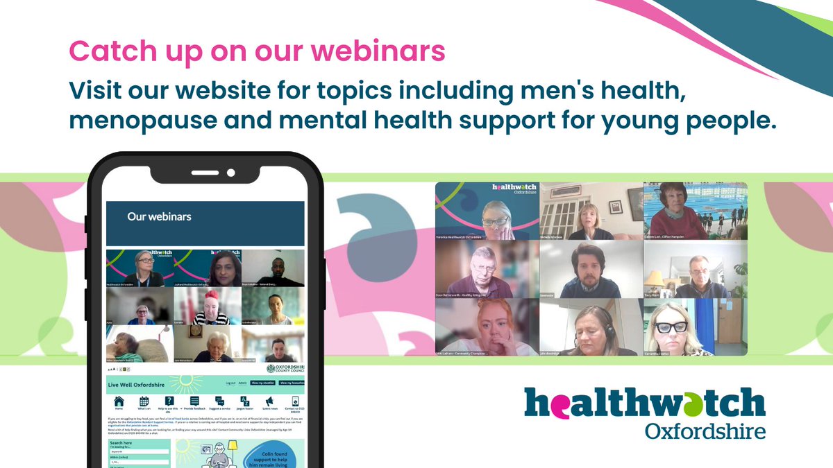Catch up with our webinars - over the last year we held seven webinars on topics ranging from men's health to mental health support for young people.
You can watch these all on our website here: healthwatchoxfordshire.co.uk/news-and-event…