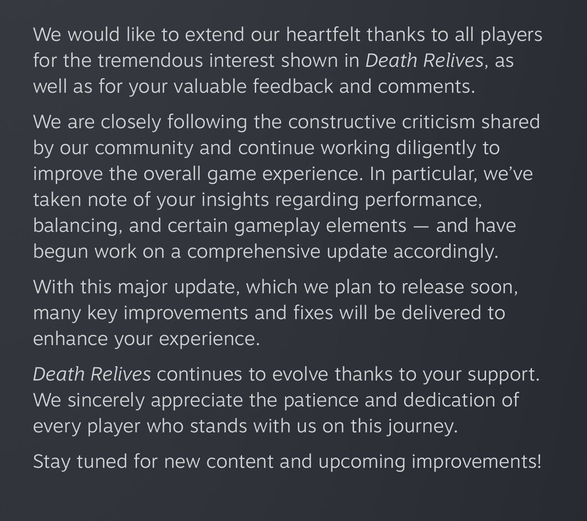 A Major Update Is Coming to Death Relives.
A large update focused on performance and gameplay is being developed based on player feedback.

Death Relives is now live:

nyctophilestudios.com

#PlayStation #xbox #steam #indiegame