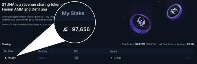 Screenshot of $TUNA staking dashboard showing a stake of 97,656 tokens