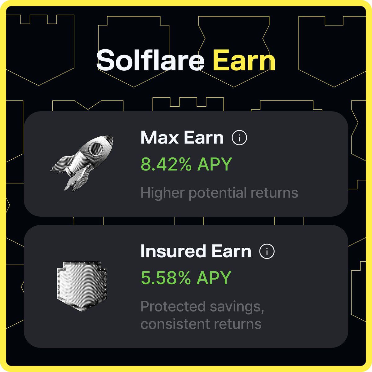 Solflare Earn <a href="/USDC/">USDC</a> "Savings" Rates:

🔝 Max Earn: 8.42% APY
🛡️ Insured Earn: 5.58% APY

If market volatility makes you uneasy, consider earning yield on $USDC right from your wallet.

It's a great way to diversify your portfolio! ✊