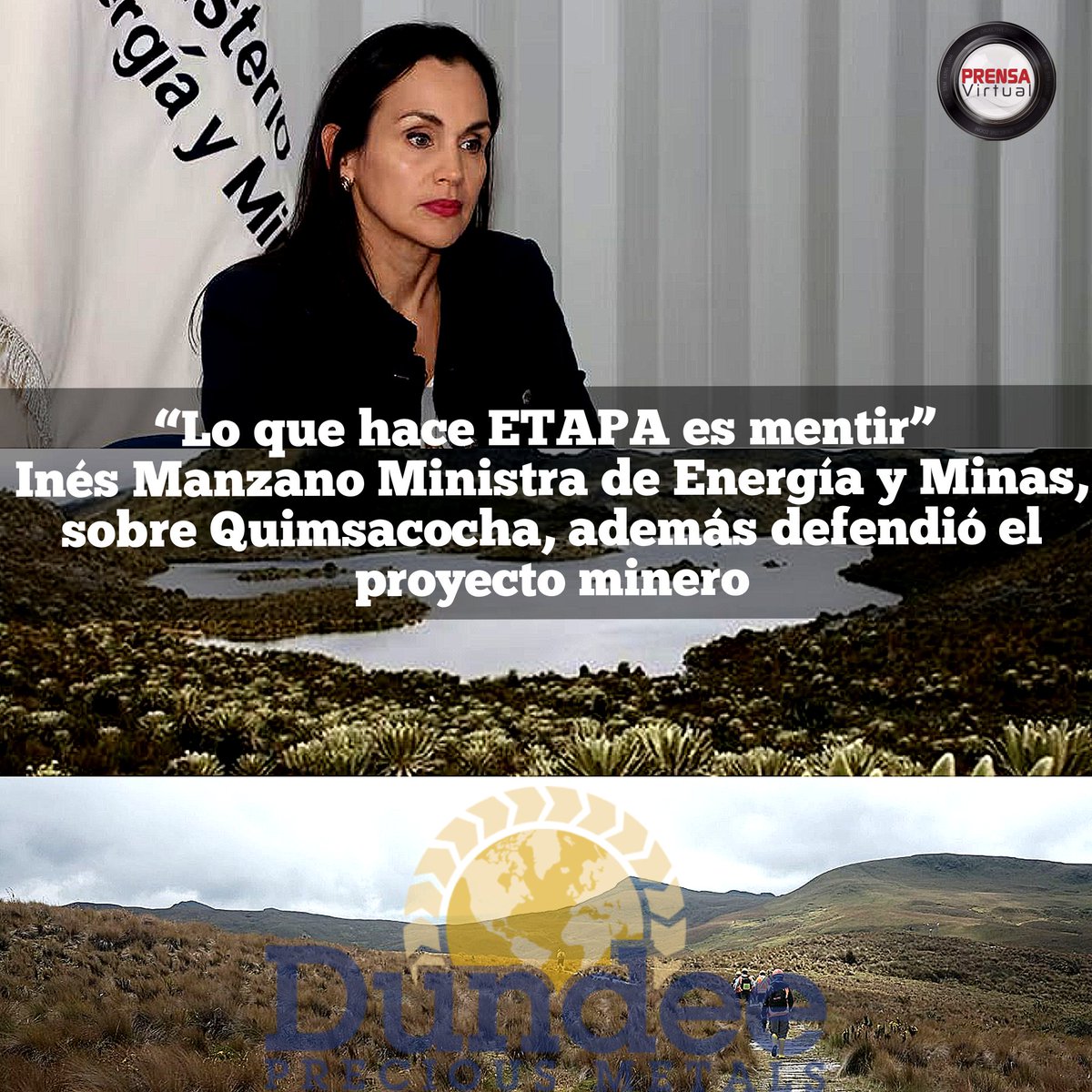 #Cuenca// “Lo que hace ETAPA es mentir” indicó la ministra de Daniel Noboa, sobre el proyecto minero de #Quimsacocha, defendió el proyecto minero de Loma Larga en los páramos.

En entrevista  para Radio la Voz de la Ciudad 96.1.