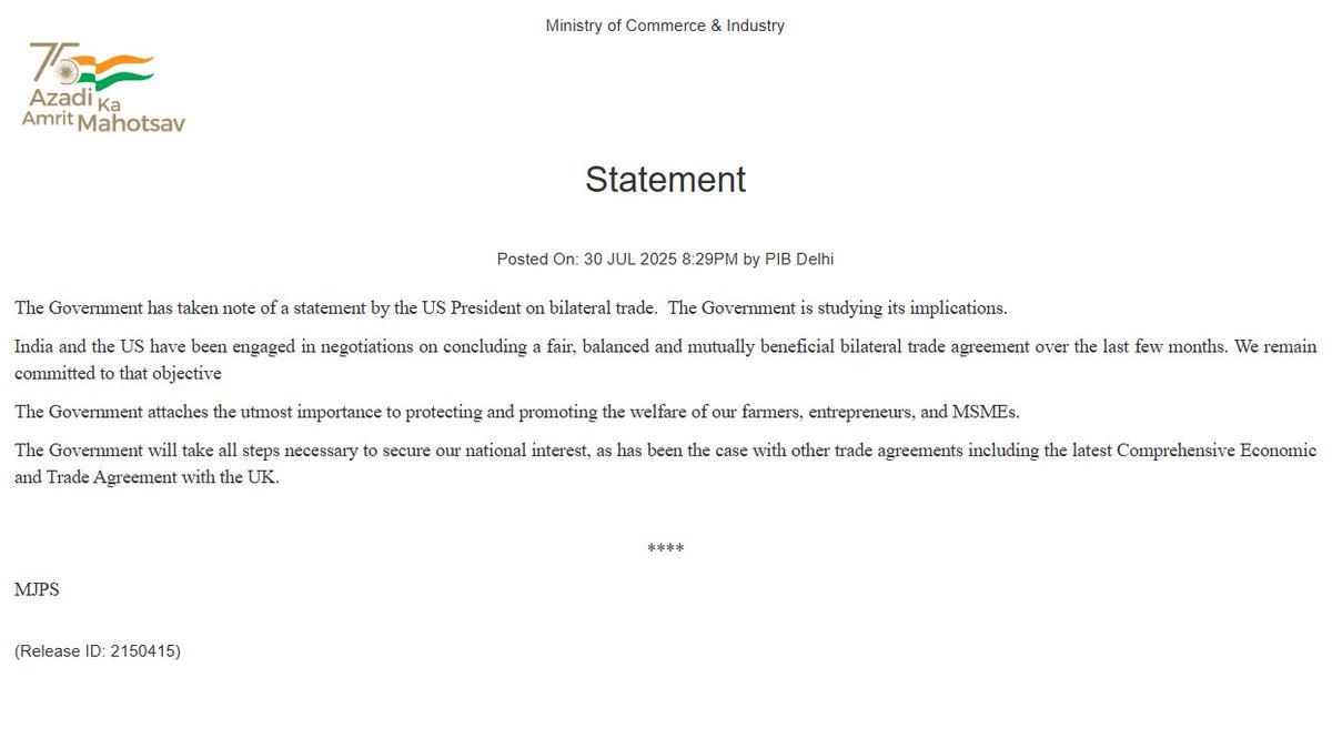 🚨BREAKING:

INDIA REACTS ON DONALD TRUMP'S 25% &amp; PENALTY THREAT 

 "We are studying its implications. India remains committed to a fair &amp; mutually beneficial trade agreement with the US, prioritizing the welfare of our farmers, entrepreneurs &amp; MSMEs."