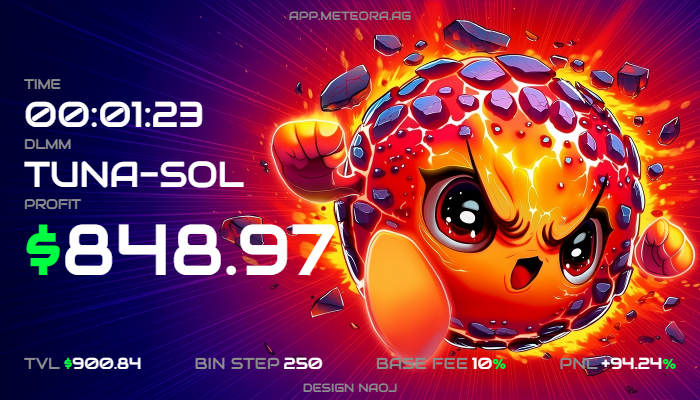 10% 수수료를 가진 TUNA-SOL DLMM 풀에서 1분 만에 848달러 수익 스크린샷